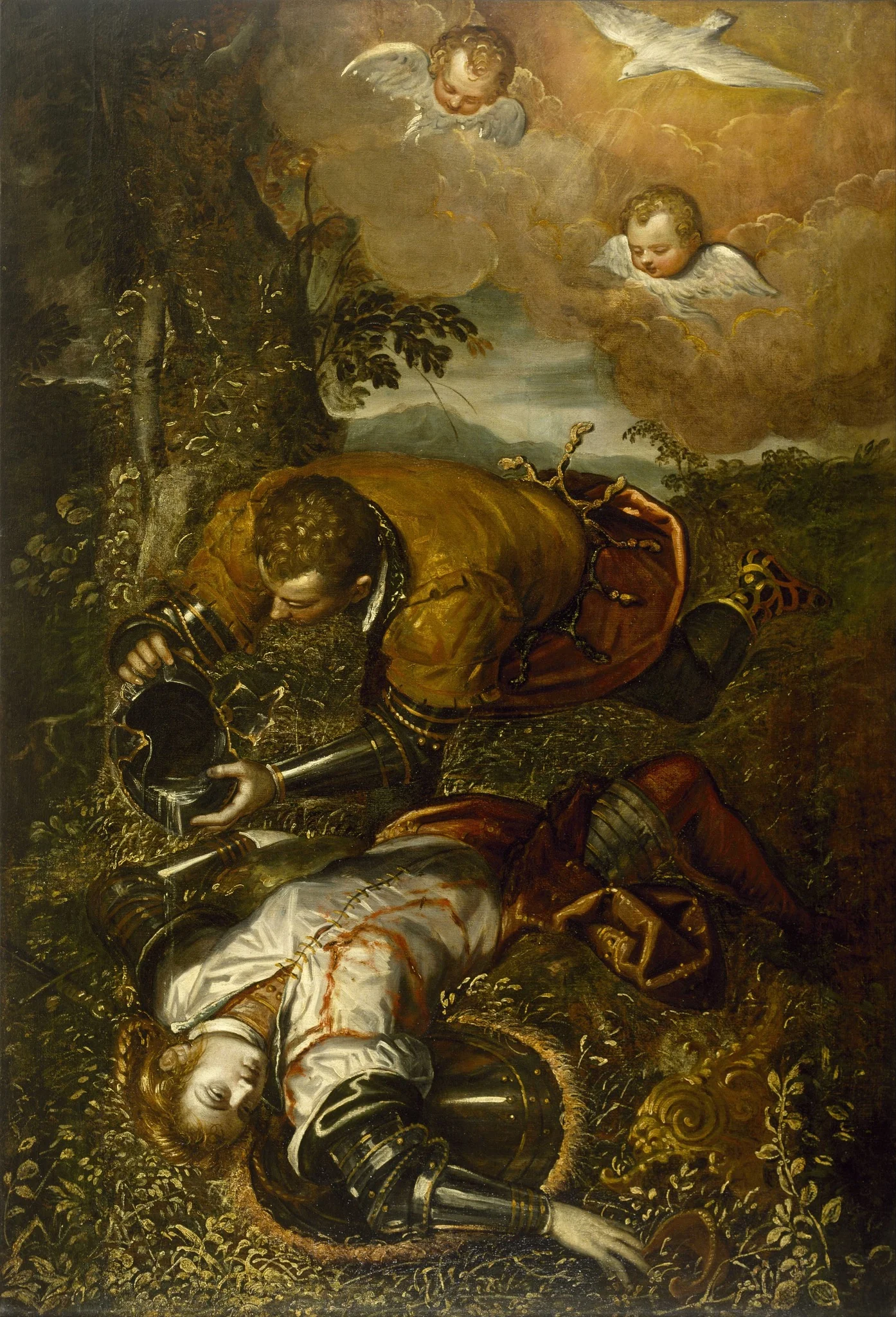 Tancred Baptizing Clorinda, by Domenico Tintoretto, oil, 1597