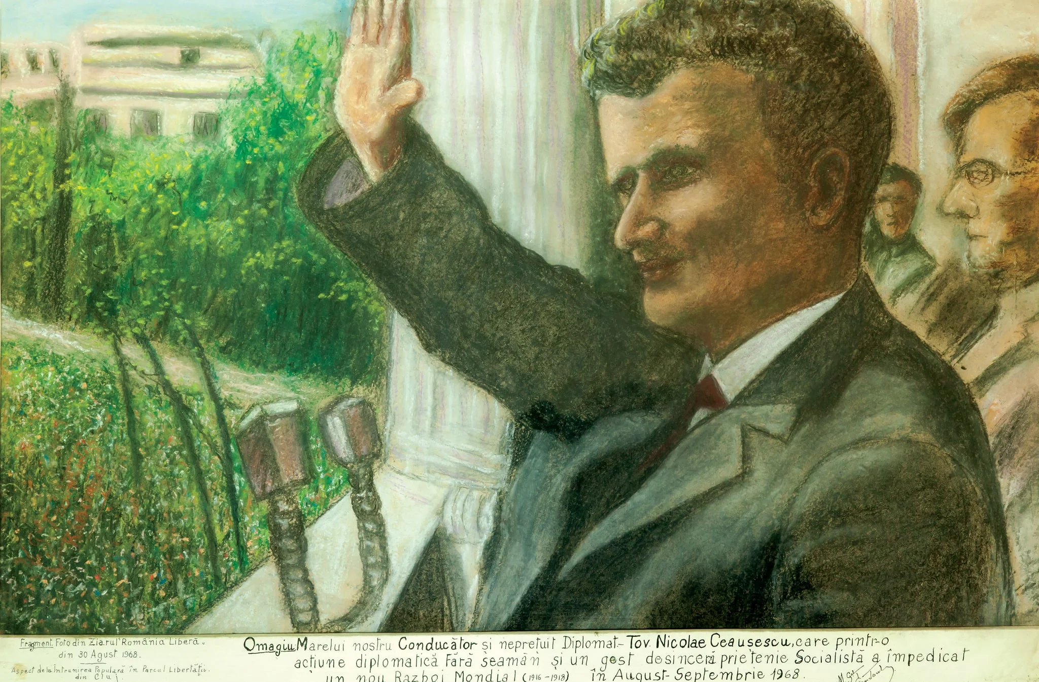 Tablou, desen pe carton, „Aspect de la întâlnirea populară din Parcul Libertății din Cluj”, 30. VIII. 1968. Tabloul este inspirat dintr-o fotografie apărută în ziarul România Liberă din data de 30 august 1968. În partea de jos o dedicație ”Omagiu marelui nostru conducător și neprețuit diplomat tov. Nicolae Ceaușescu, care printr-o acțiune diplomatică fără seamăn și un gest de sinceră prietenie socialistă a împiedicat un nou război mondial (1916-1918) în august - septembrie 1968.” semat H.G.Constant. Tablou ofert de autor lui Nicolae Ceaușescu., by H.G. Constan