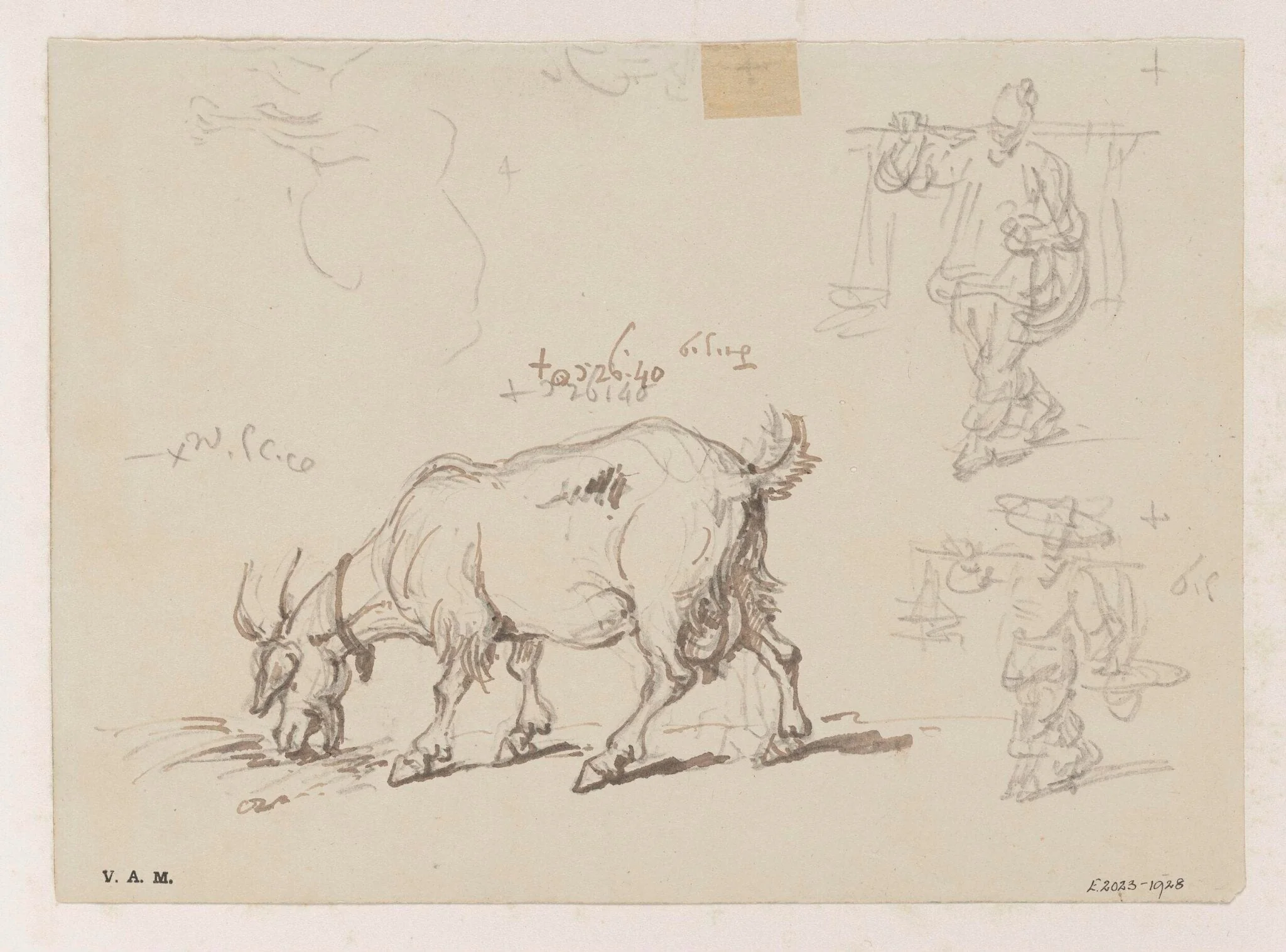 A goat, with two figure sketches, by George Chinnery, 16