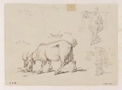 A goat, with two figure sketches