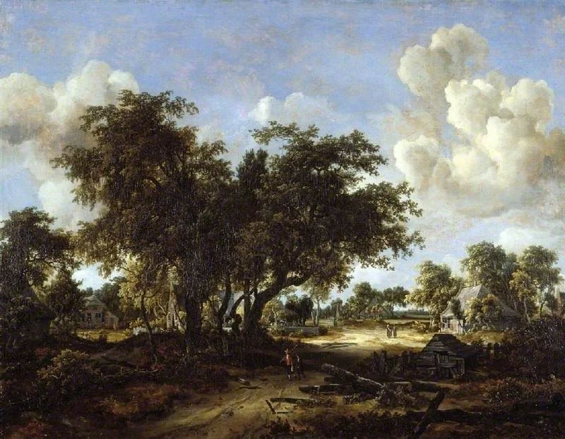 A wooded landscape with cottages, by Meindert Hobbema, oil, 1665