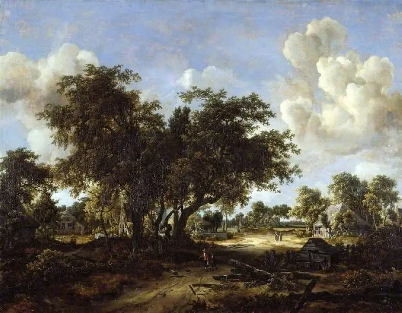 A wooded landscape with cottages