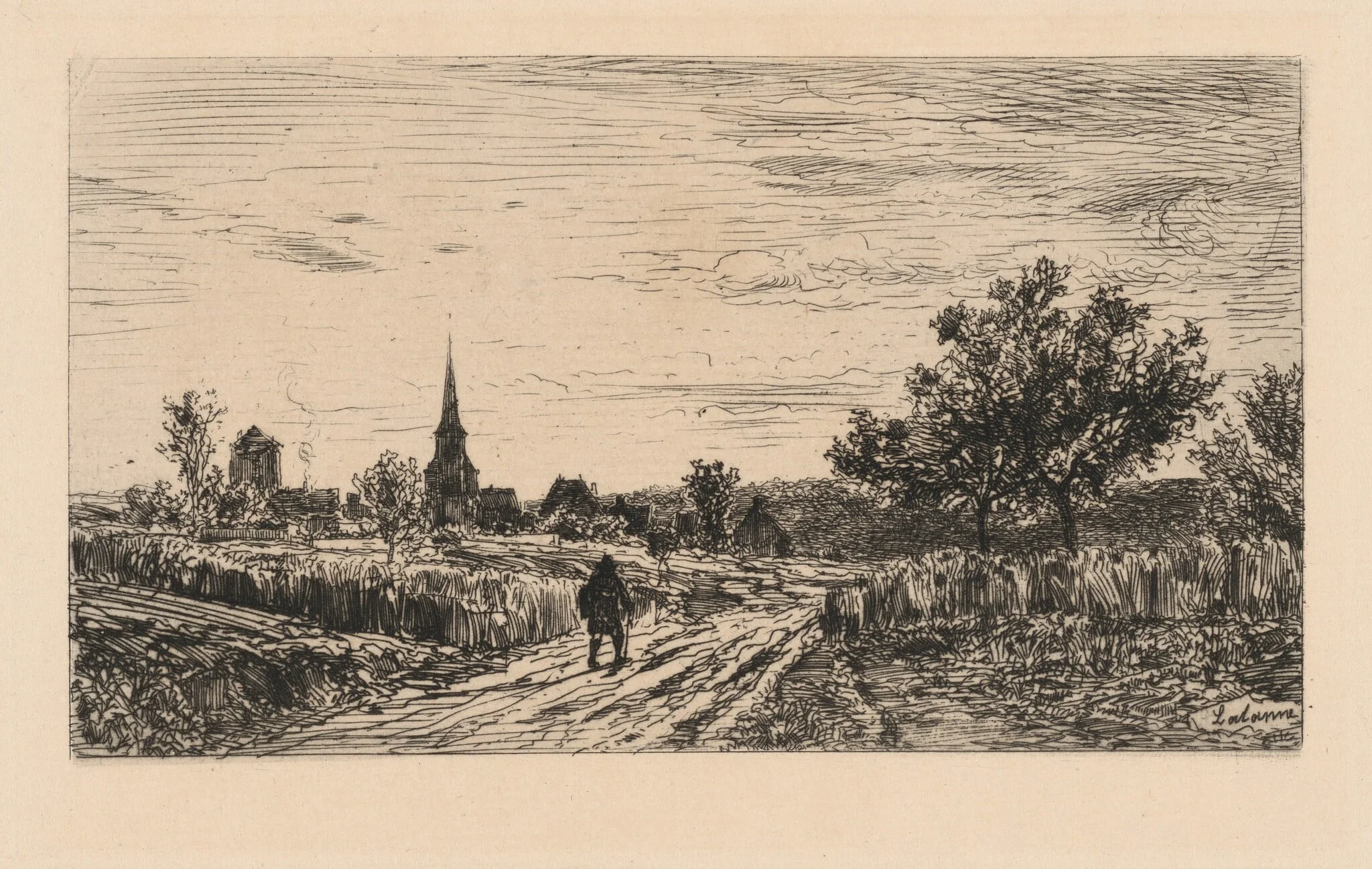 Evening Landscape (Return to the Lodgings), by Maxime Lalanne, ink, 1886