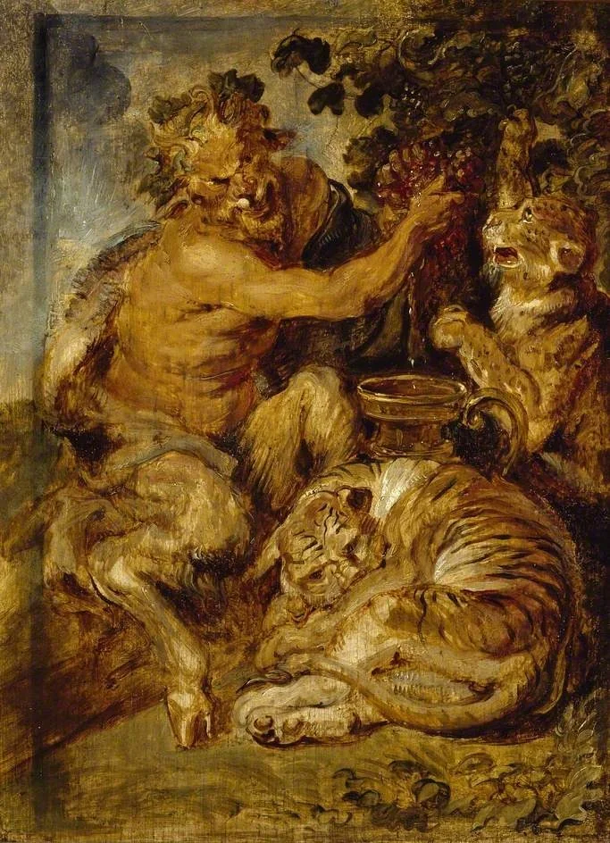 A Satyr pressing Grapes with a Tiger and Leopard, by Peter Paul Rubens, oil, 1618