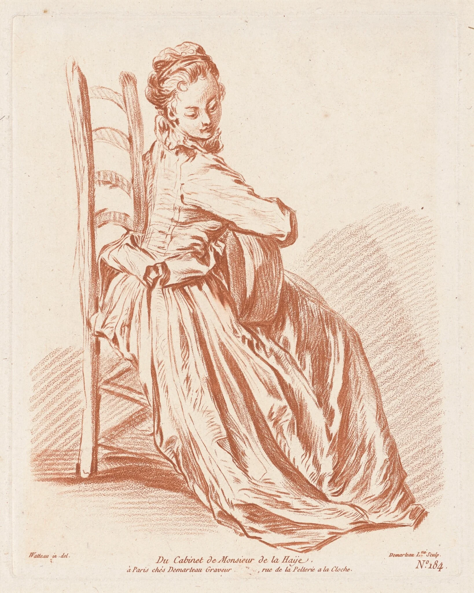 Woman Playing the Guitar, by Gilles Demarteau the Elder, chalk, 1764