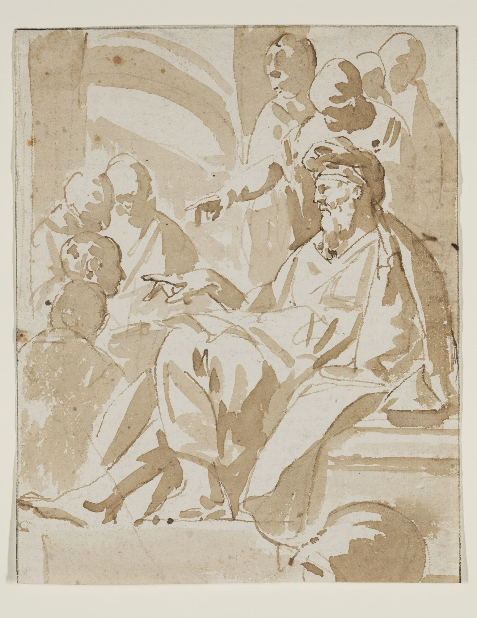 A Seated Old Man, Pointing with his Right Hand and Other Figures, by Unknown, unspecified