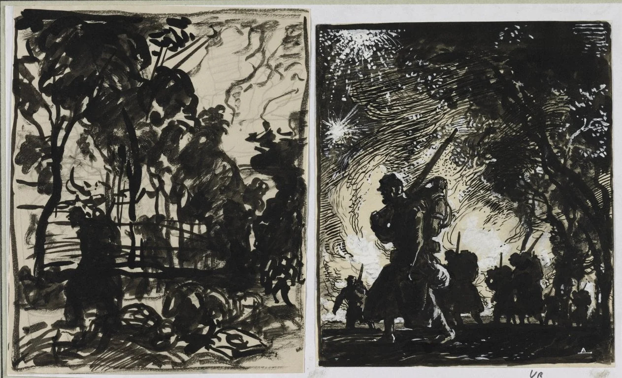 Scène nocturne; patrouille à la lisière d'un bois, by Auguste Lepère, 1914