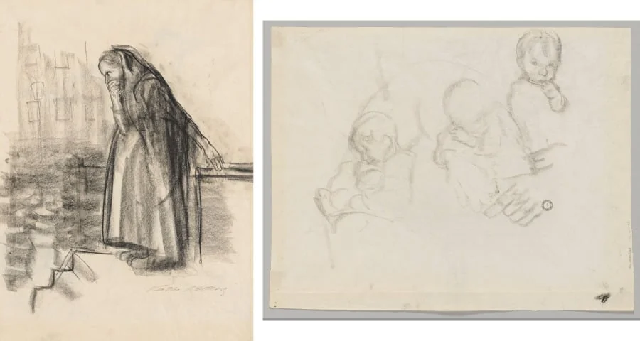 Pregnant Woman Contemplating Suicide (recto) Three Studies of a Child (verso), by Käthe Kollwitz, 1926