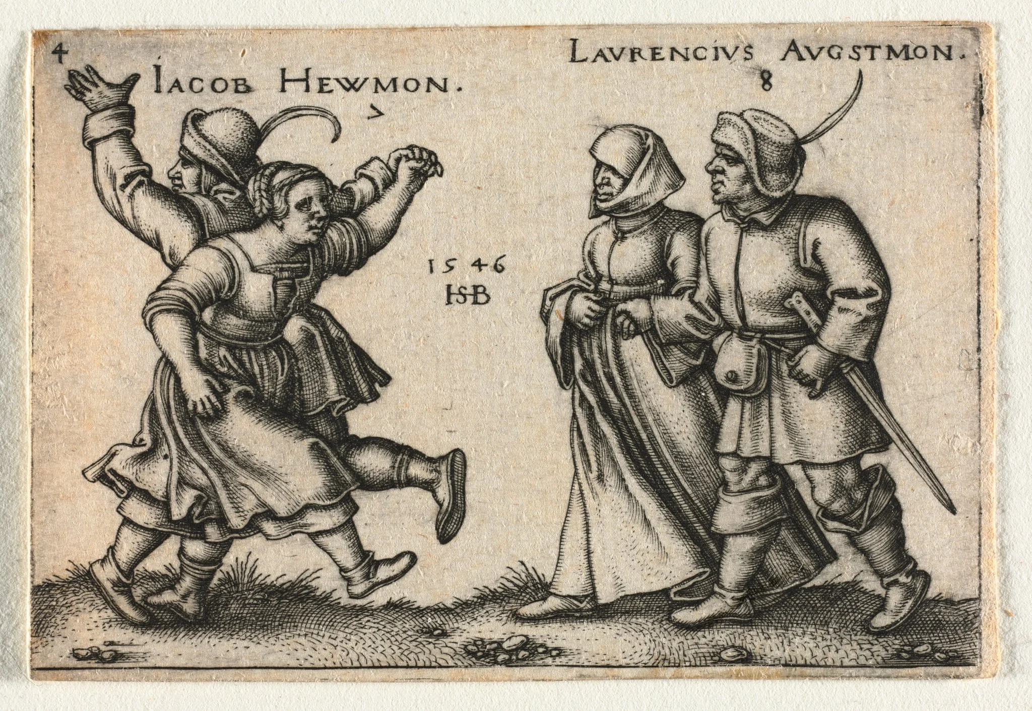 The Peasant Wedding or the Twelve Months:  7 Jacob Hewmon 8-Laurencius Augstmon, by Sebald Beham, 1546