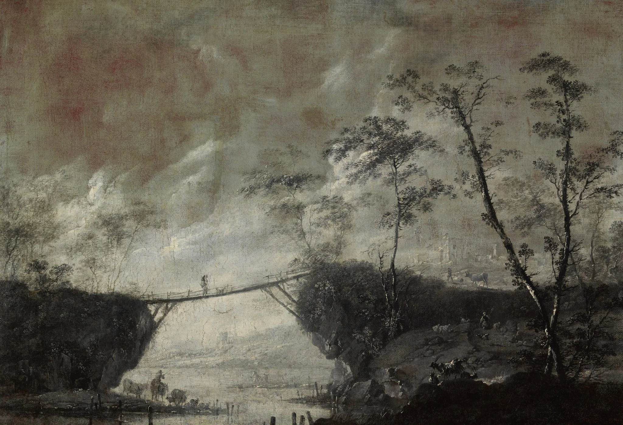 Landscape with a Bridge (Monochromatic), by Cornelis de Bie, oil, 1648
