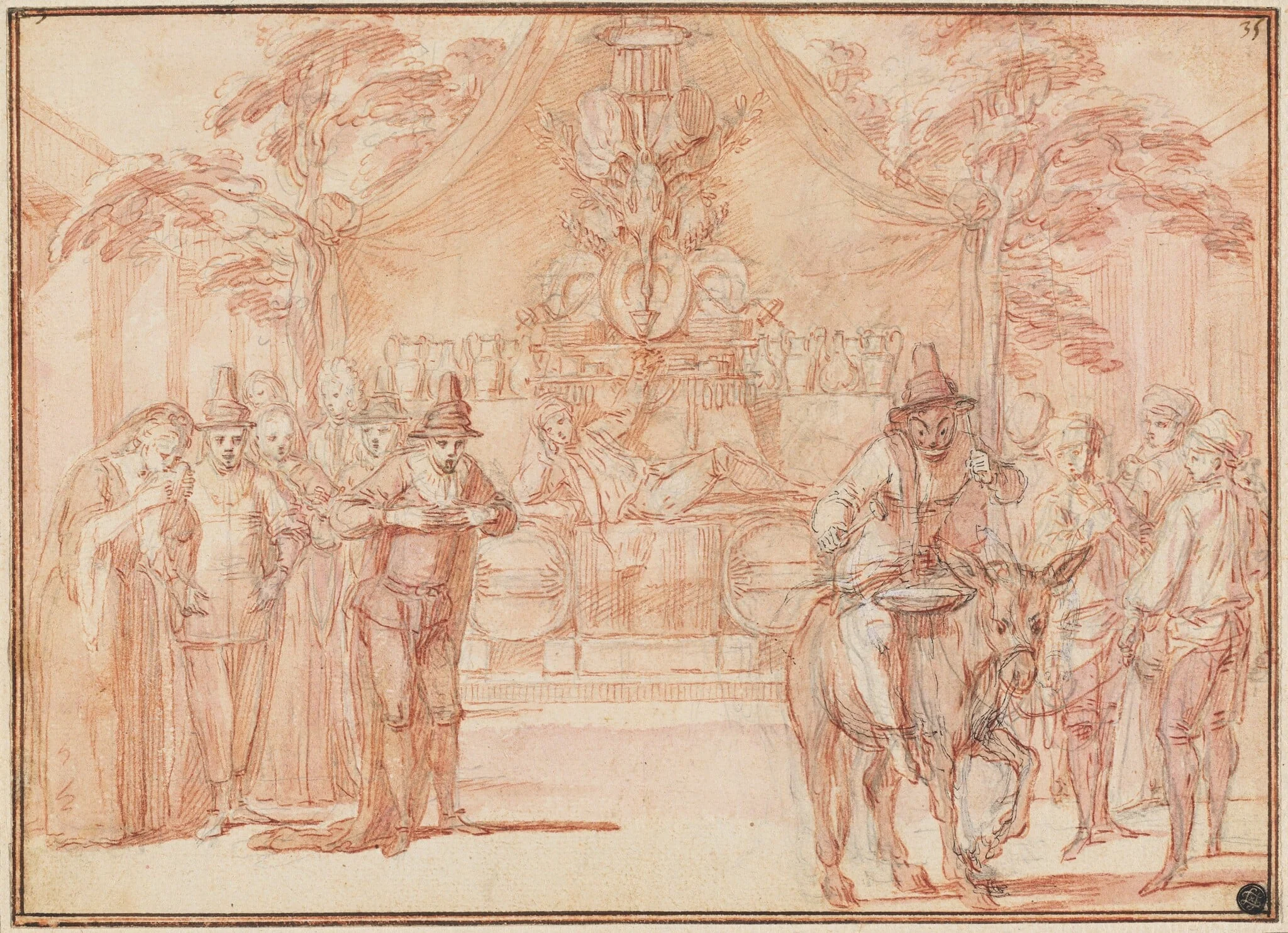 Scene from "The Tomb of Master André", by Claude Gillot, watercolor, 1706