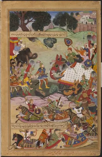 Akbar Receiving the Drums and Standards Captured from Abdullah Khan Uzbeg, Governor of Malwa, in 1564