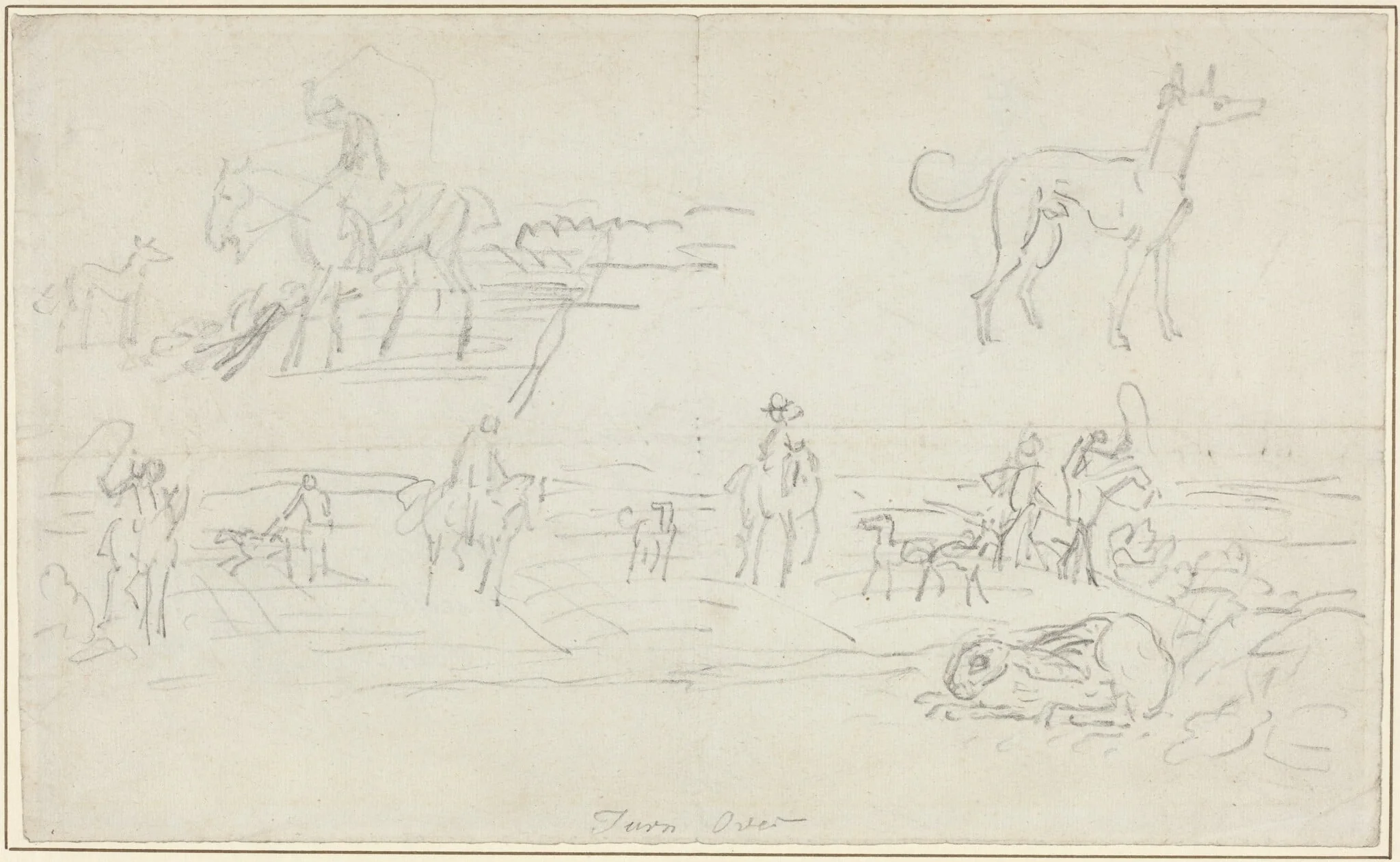 Huntsmen with Hounds and a Crouching Hare [recto], by James Seymour, graphite, 1727