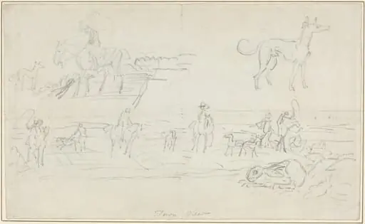 Huntsmen with Hounds and a Crouching Hare [recto]