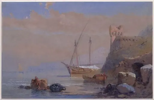A Mediterranean coast scene with boats at anchor and a ruined castle