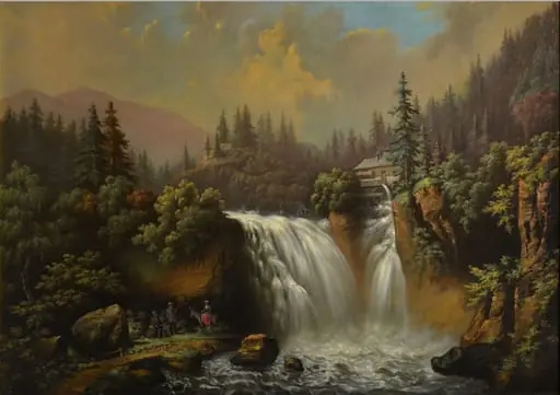 Peisaj cu pădure de brad și cascadă
