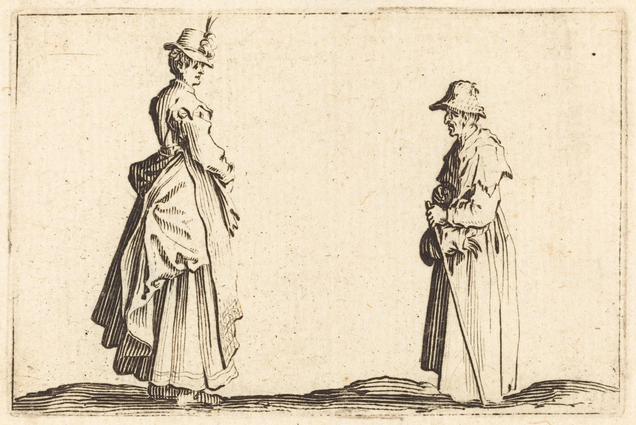 Two Women in Profile, by Jacques Callot, ink, 1622
