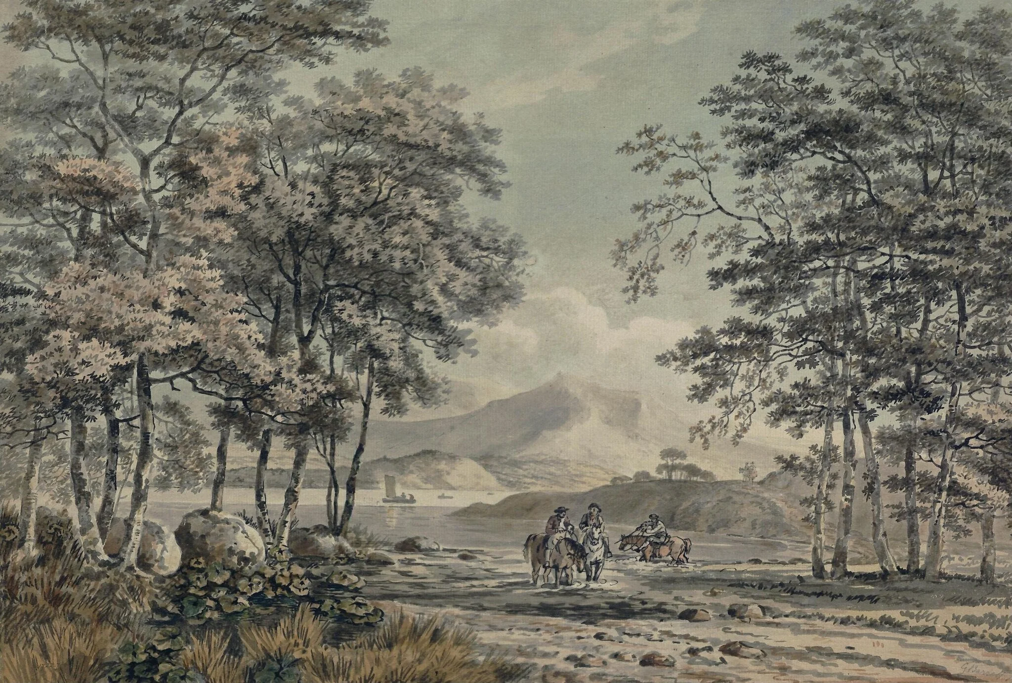 Landscape with River and Figures, by George Barret, Sr., watercolor, 1782