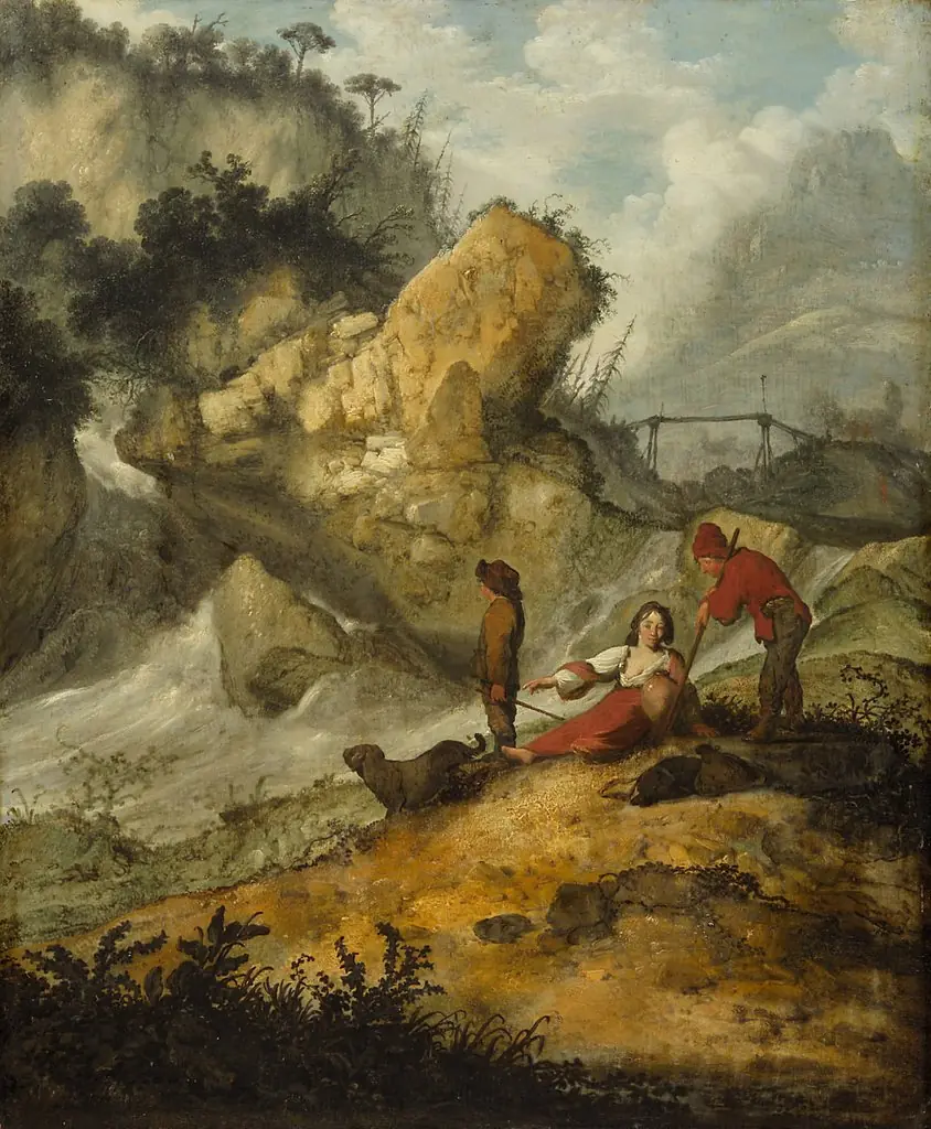 Rocky landscape with waterfall and shepherds