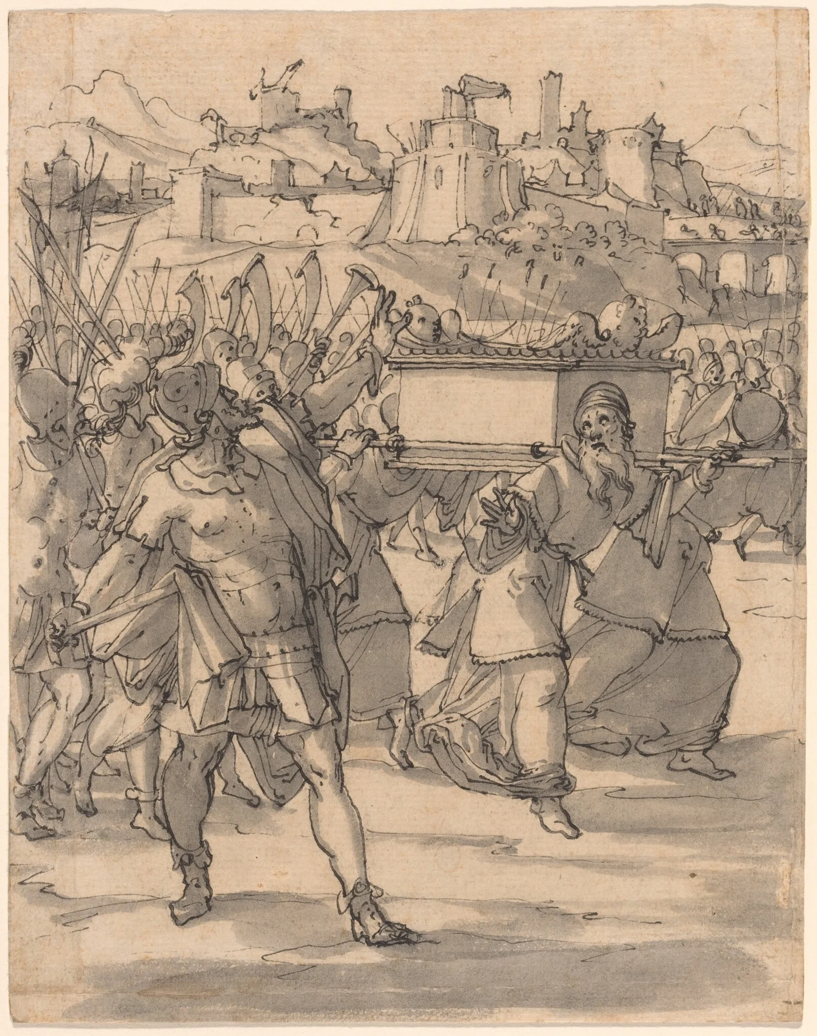 Joshua and the Israelites before the Walls of Jericho, by Christoph Murer, ink, 1600