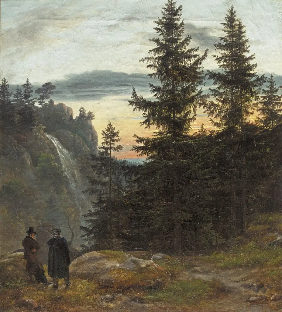 Two Men before a Waterfall at Sunset
