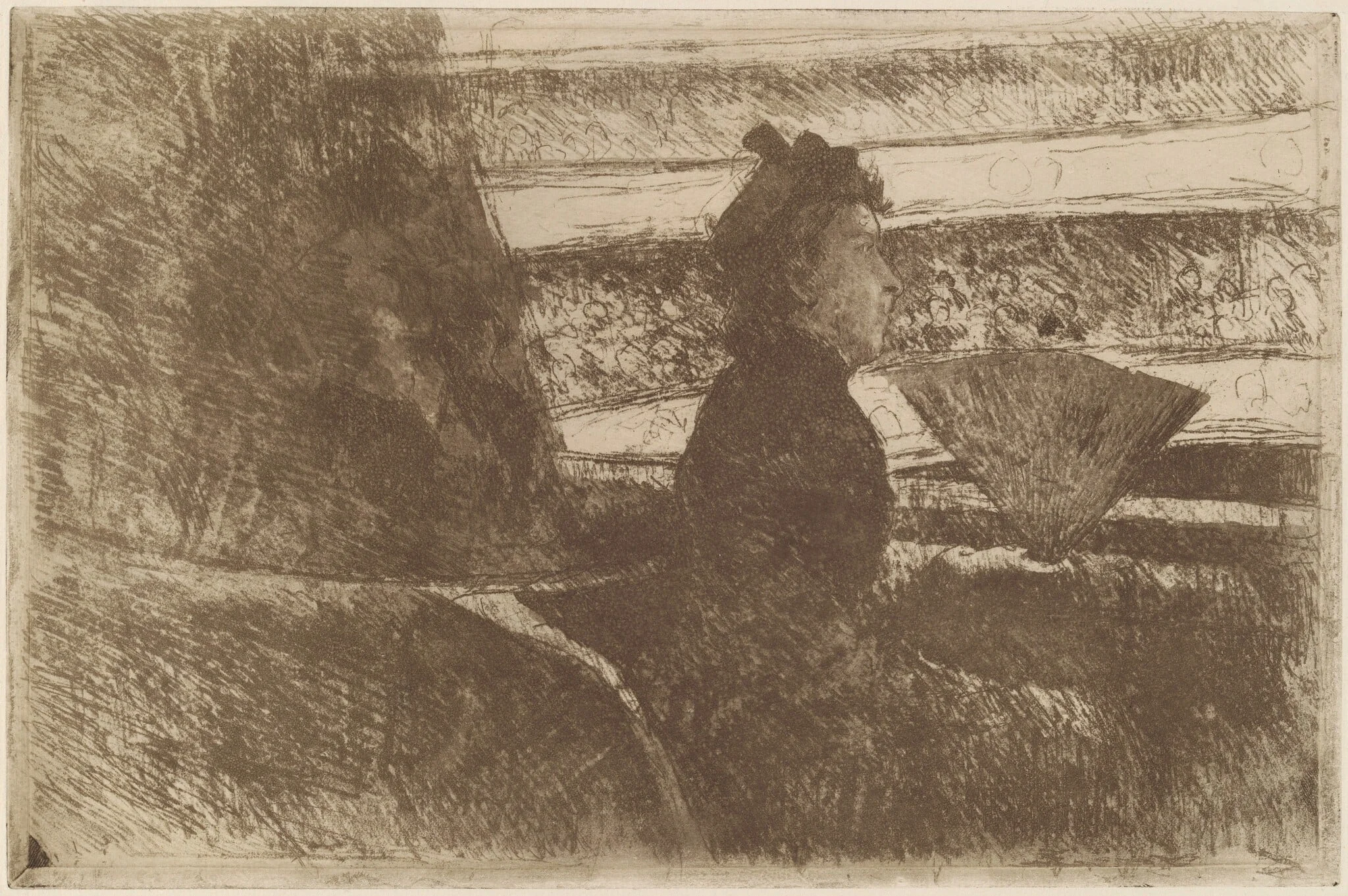Lady in Black, in a Loge, Facing Right, by Mary Cassatt, ink, 1880