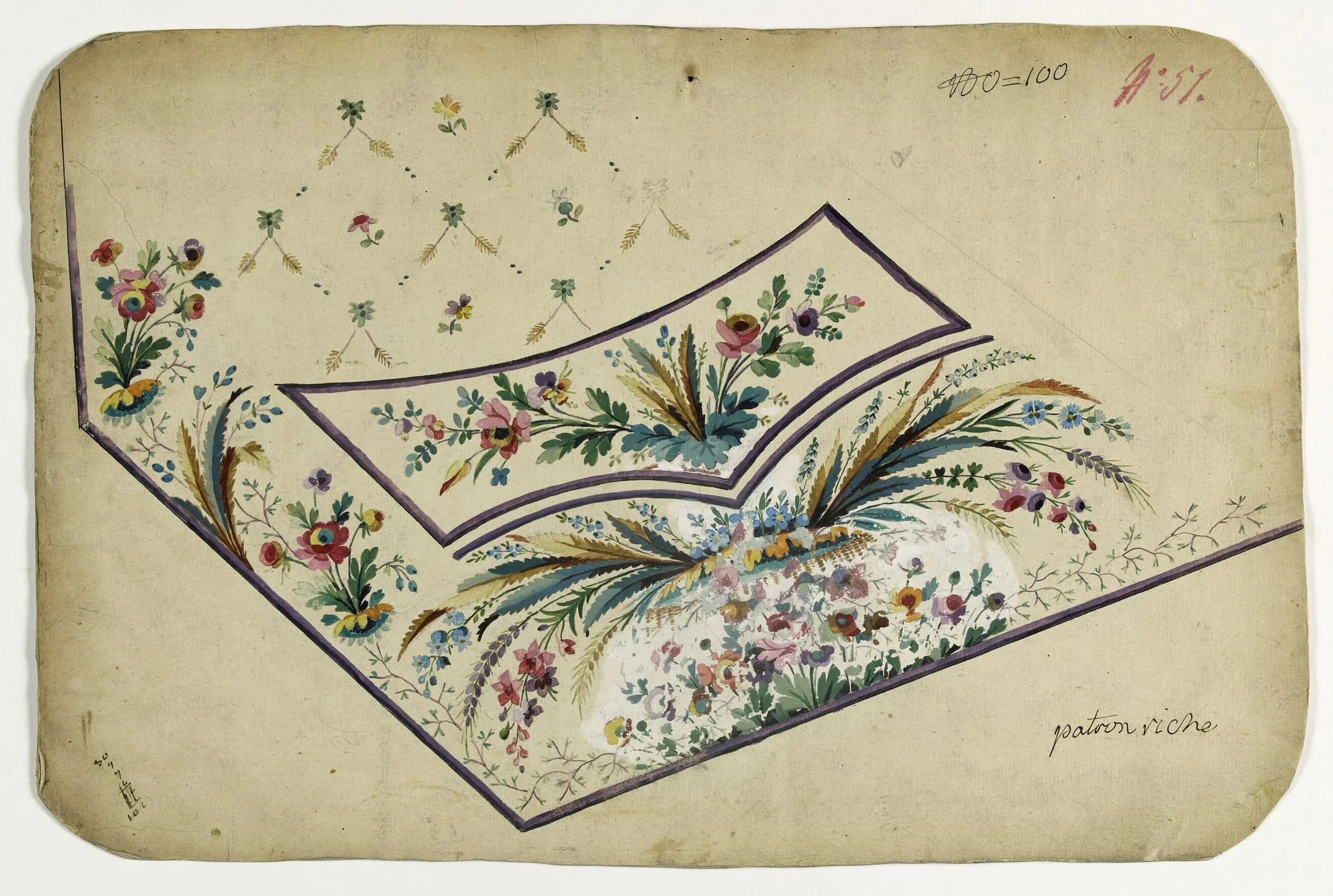 Gilet vasque de feuilles marron et vertes, projets de broderies de gilet, XVIIIème siècle, by Anonyme, 1750