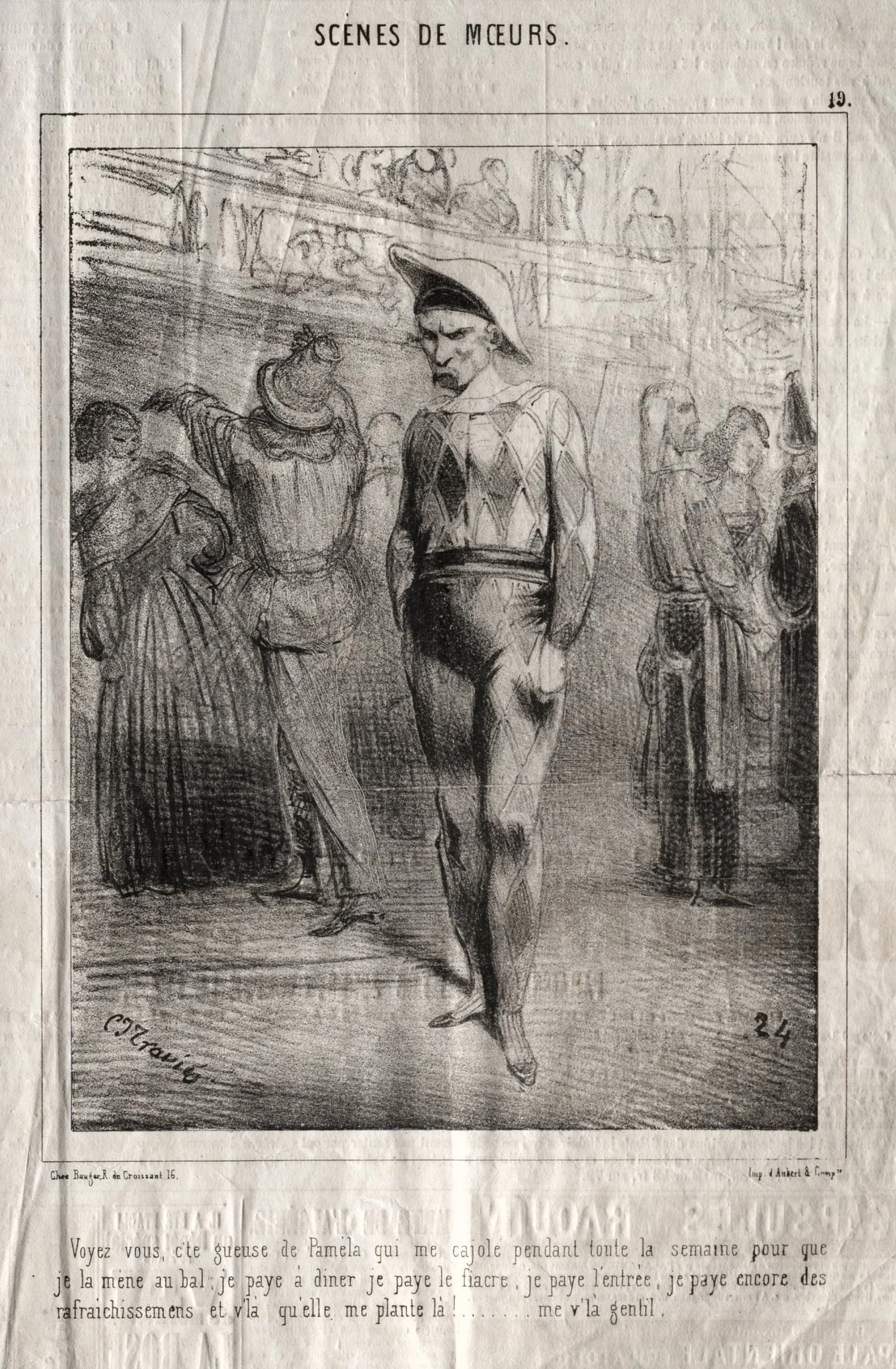 Scènes de moeurs:  Voyez vous, c'te queuse de Pamela qui me cajole pendant toute la semaine pour que je la mene au bal..., by Charles Joseph Traviès de Villers, 1838