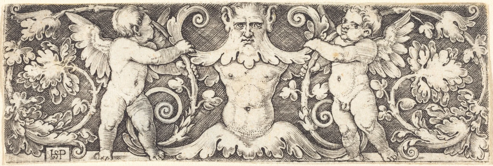 Ornament with Male Half Figure Between Two Genii