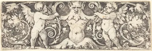Ornament with Male Half Figure Between Two Genii