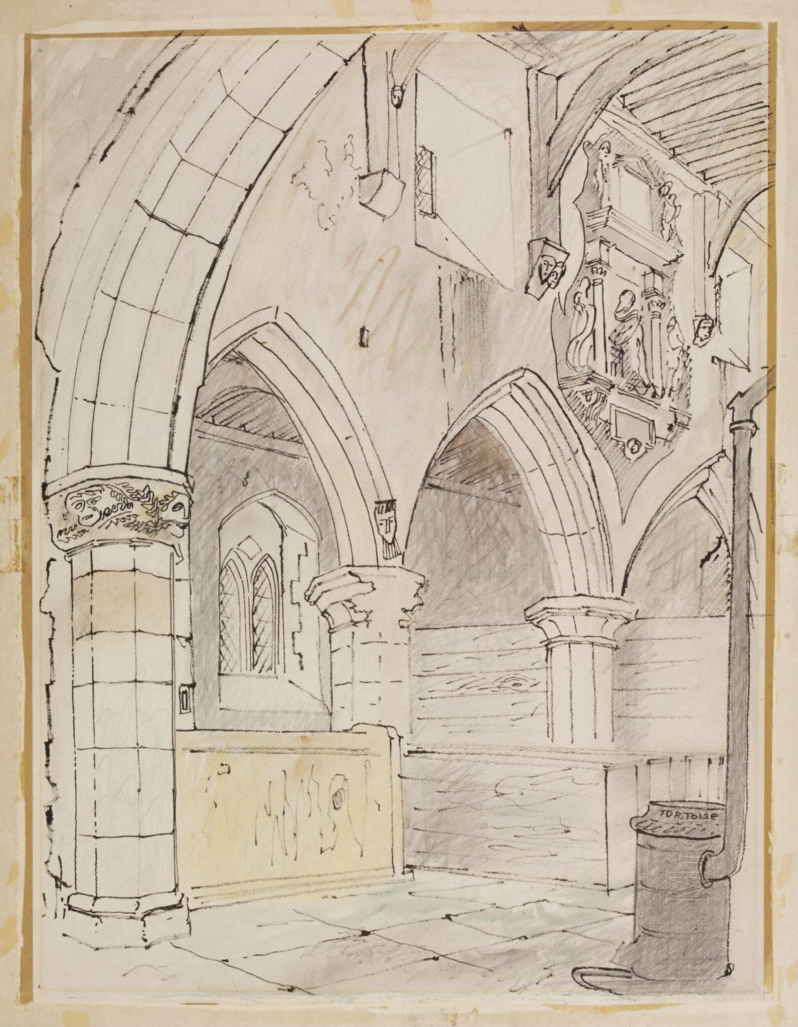 Interior of the Church of St. Denis, Faxton, by Piper, watercolor, 1940