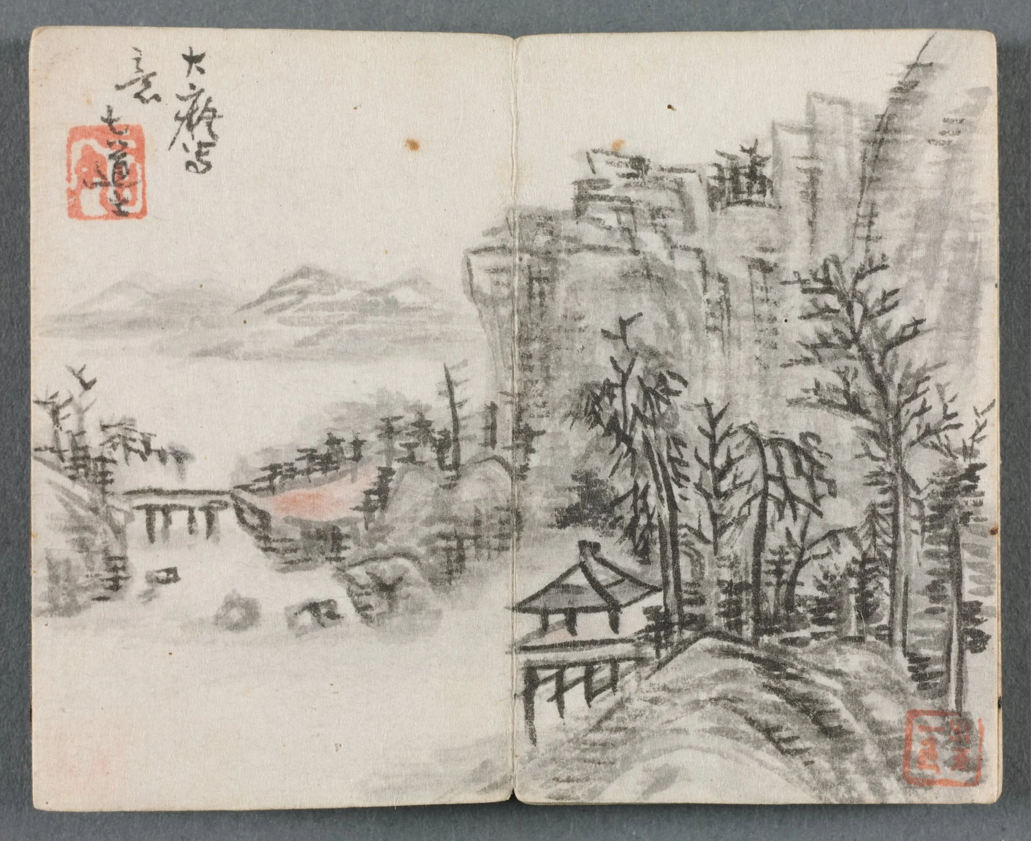Miniature Album with Figures and Landscape (Cliff Landscape with Bridge), by Zeng Yandong, unspecified, 1822