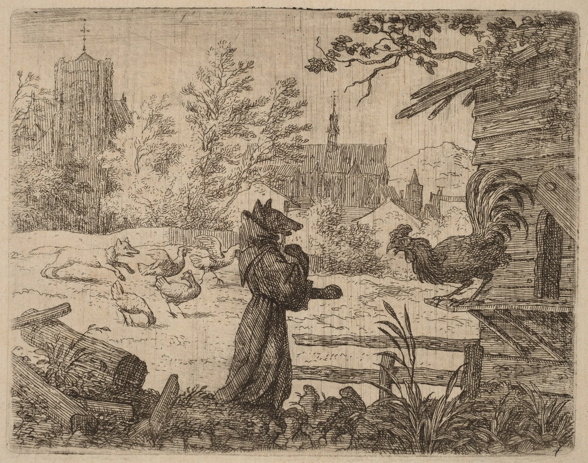 Reynard Disguised as a Monk, by Allart van Everdingen, ink, 1650