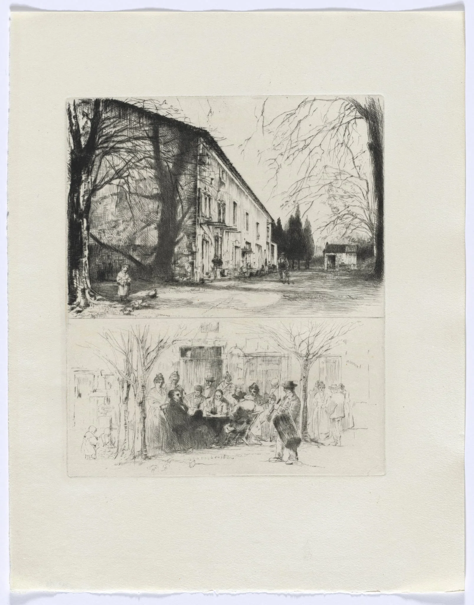 Frédéric Mistral: Mémoires et Recits by Frédéric Mistral: street scene and people at outdoor table (insert after p. 24), by Auguste Brouet, 1937