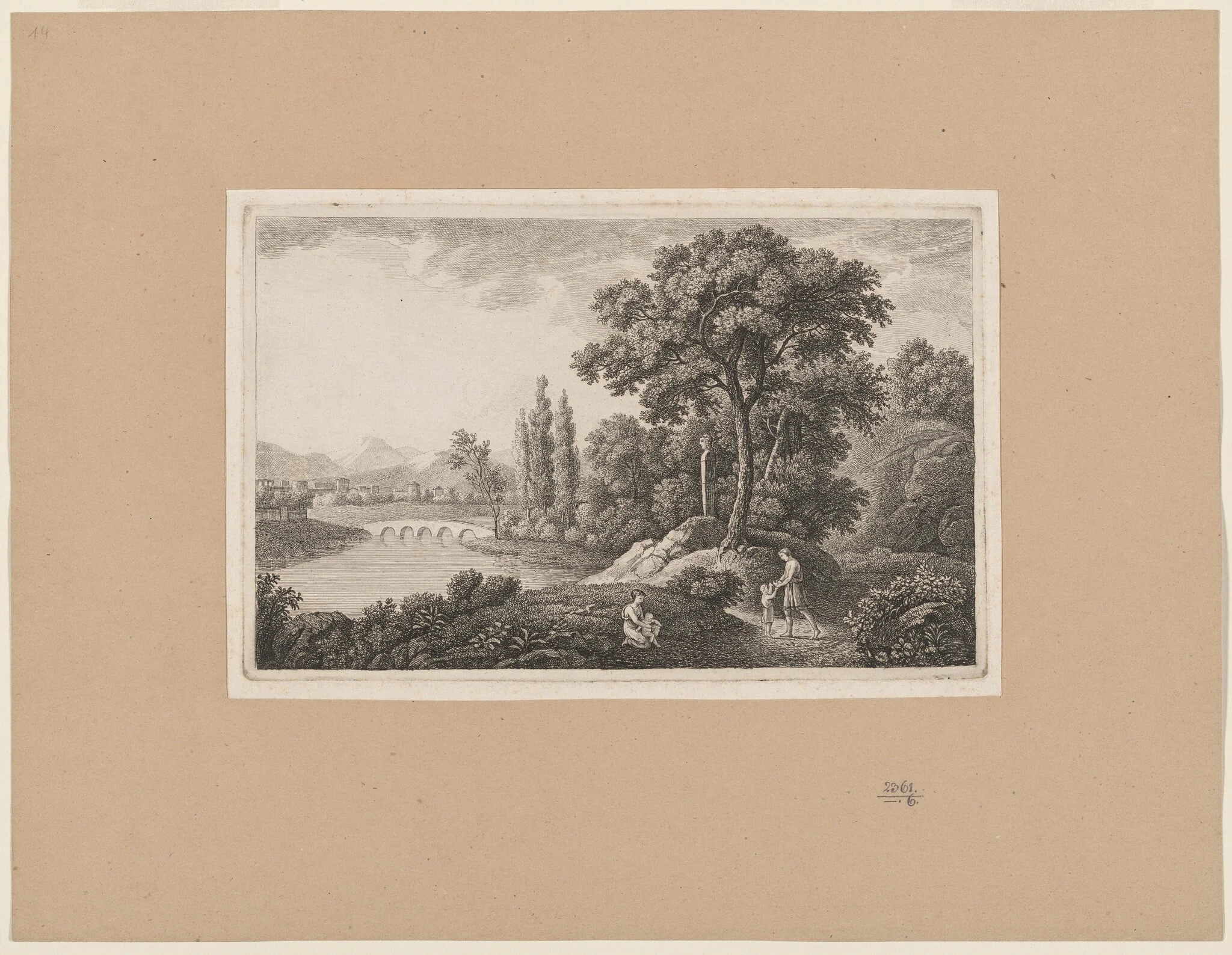 Classical Landscape with a Family by a River, by Monogrammist D, ink, 1750