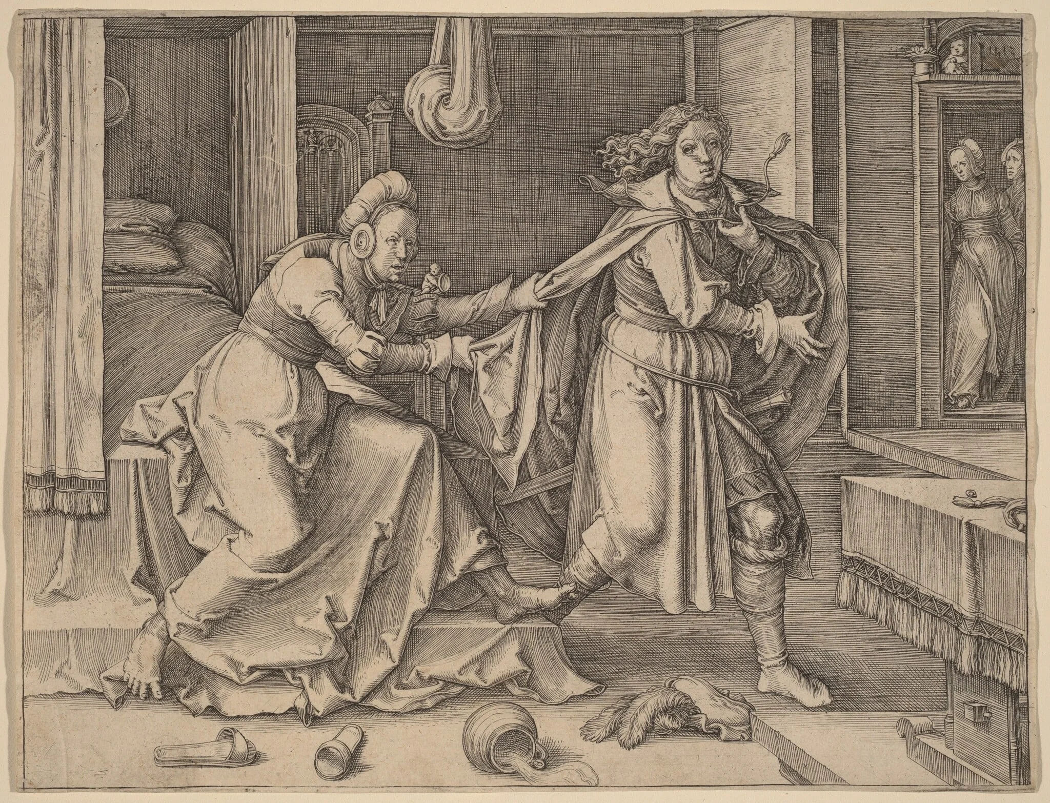 Joseph Escaping Potiphar's Wife, by Lucas van Leyden, ink, 1512