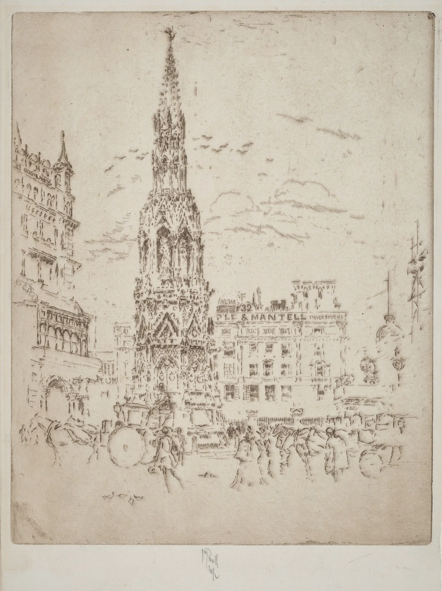 The Elinor Cross, in Front of Charing Cross Railway Station, by Joseph Pennell, ink, 1906