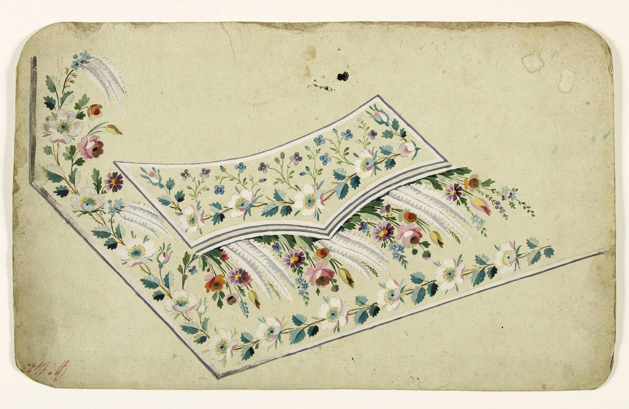 Composition de fleurs multicolores et de feuilles blanches et frises de fleurs de poirier, projets de broderies de gilet, XVIIIème siècle, by Anonyme, 1750