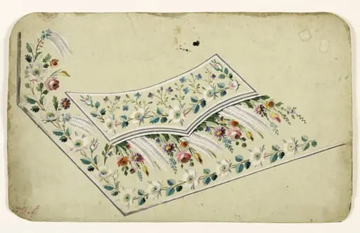 Composition de fleurs multicolores et de feuilles blanches et frises de fleurs de poirier, projets de broderies de gilet, XVIIIème siècle