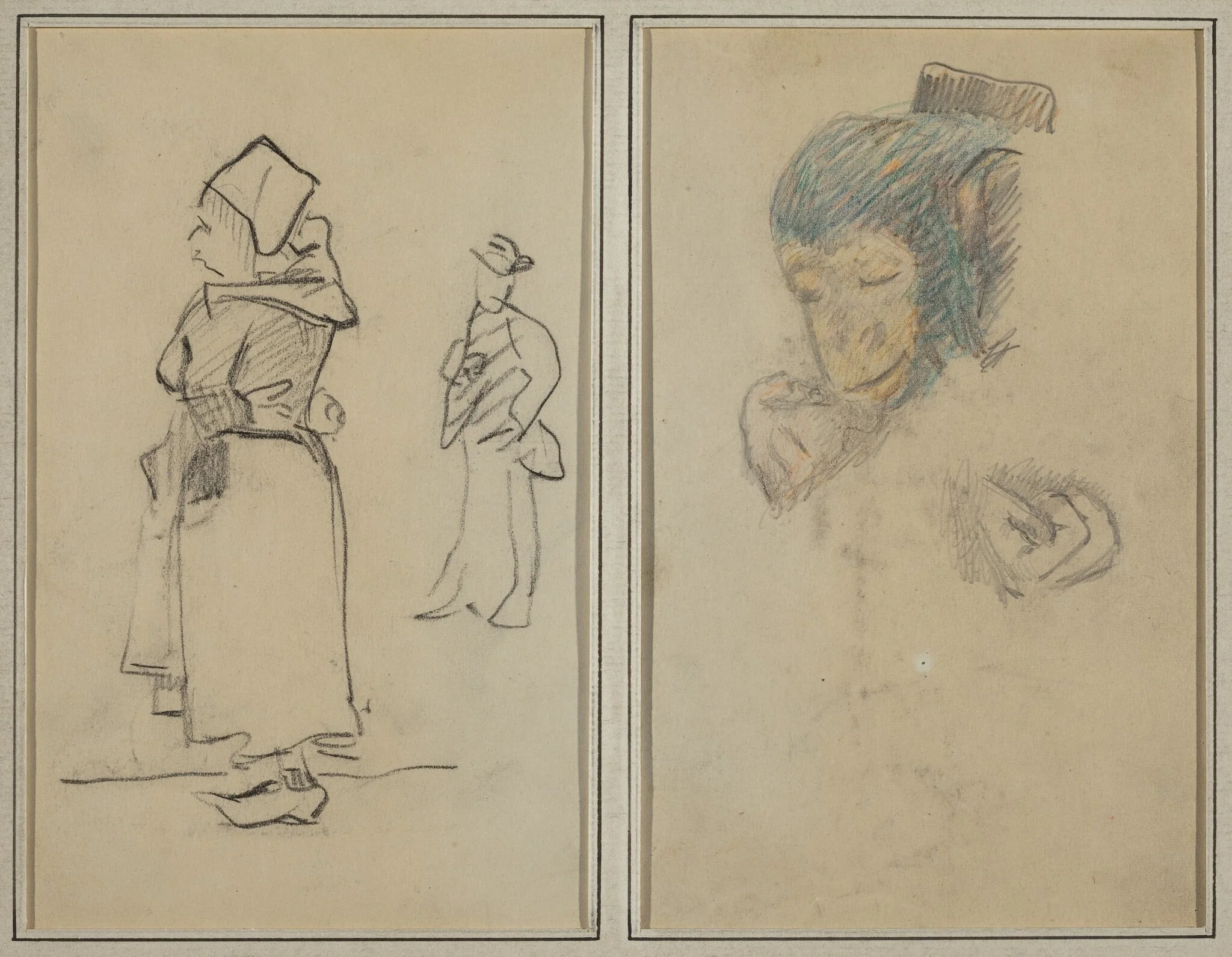 A Breton Woman and a Standing Man; Head and Hand of a Monkey [recto], by Paul Gauguin, graphite, 1886