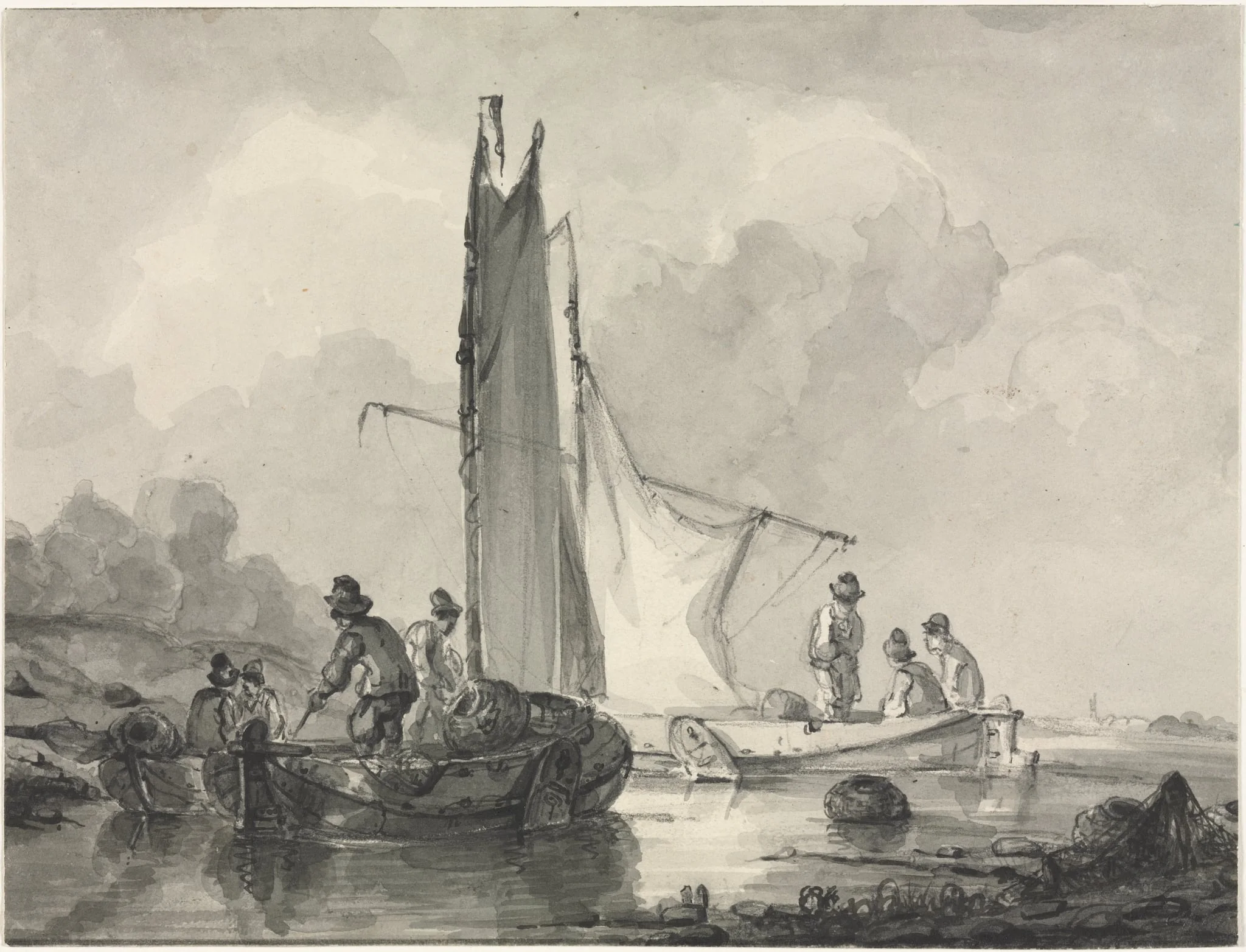 River Landscape with Fisherman and Three Boats, by Albert van Beest, 1845
