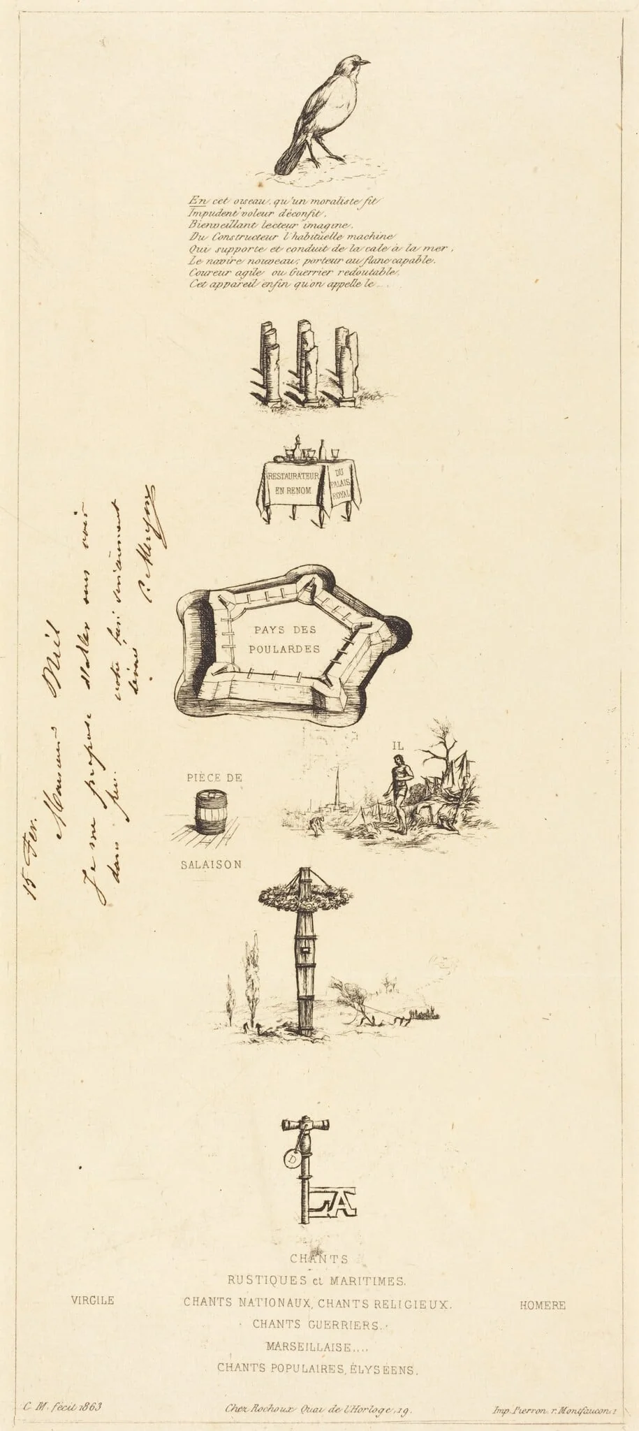 Rébus: "Béranger ne fut véritablement fort, car il n'eut jamais la clef des champs" (Rebus: "Beranger was not really strong, for he never had the key of the fields")