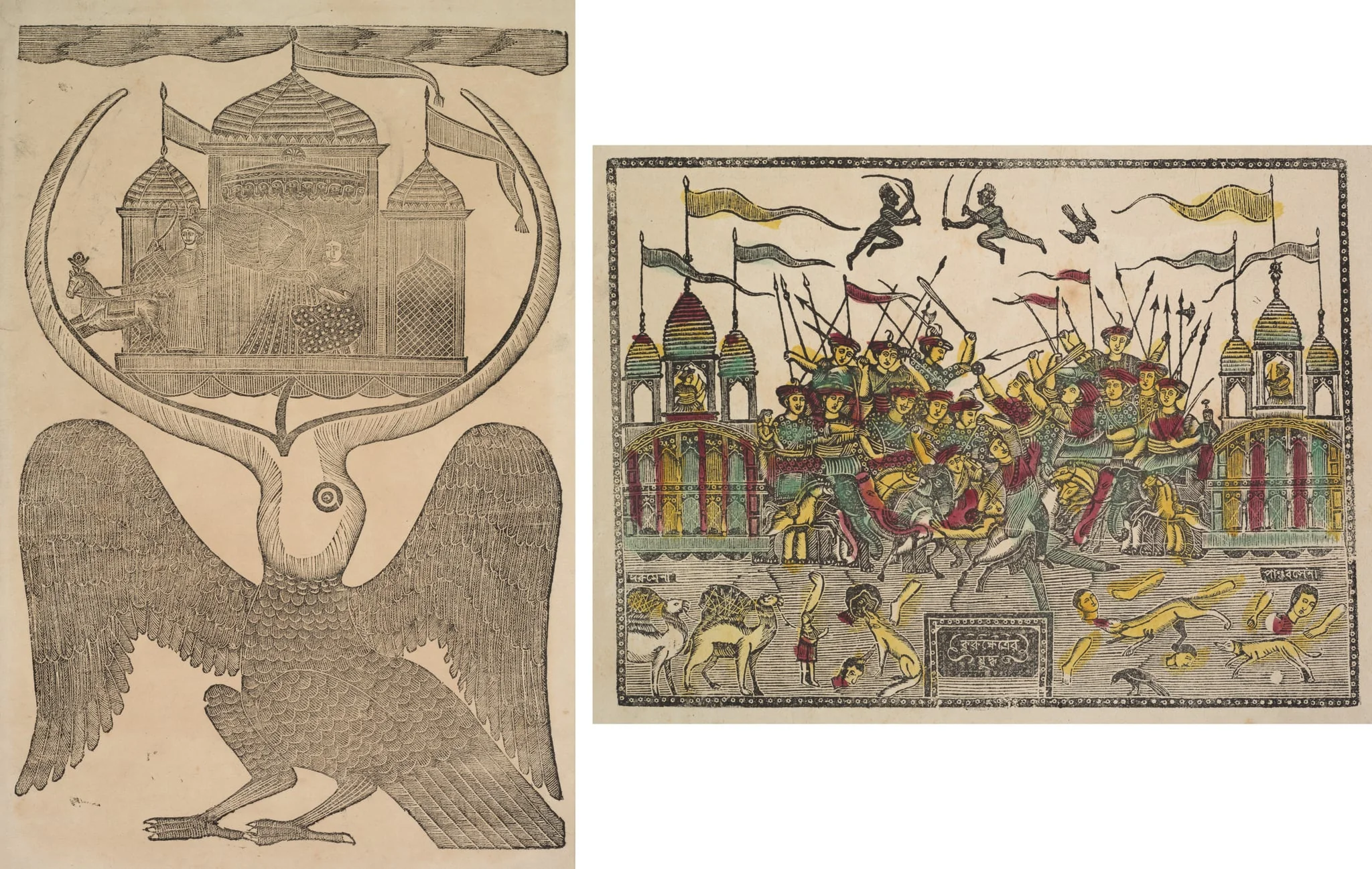 Leaf from a Kalighat album: Jatayu hinders Ravana’s chariot trying to prevent Sita’s abduction (recto); Battle Scene at Kurukshetra from the Mahabharata War (verso), by Shri Gobinda Chandra Roy, 1890