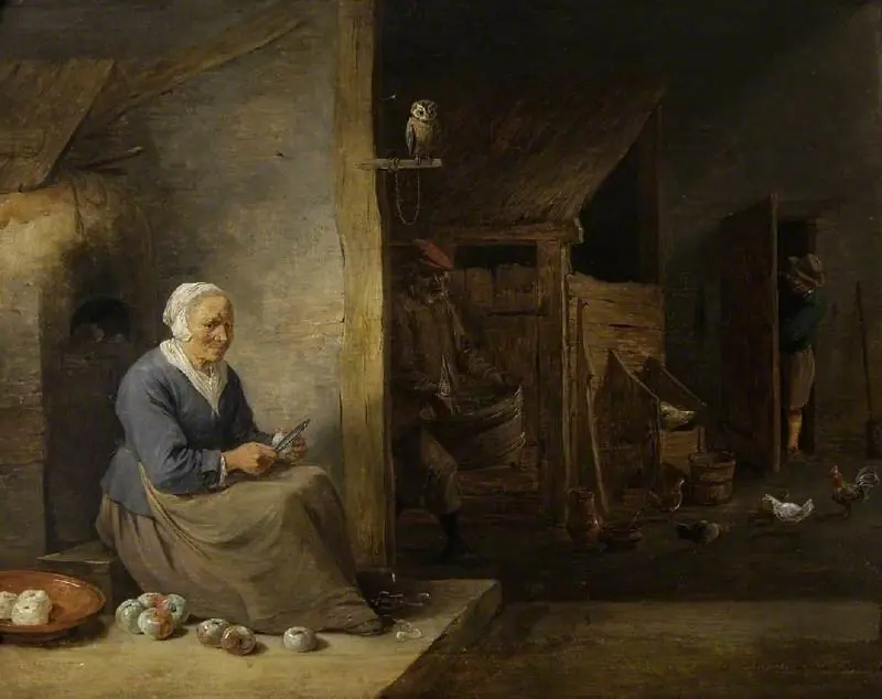 Interior, with an old woman peeling apples