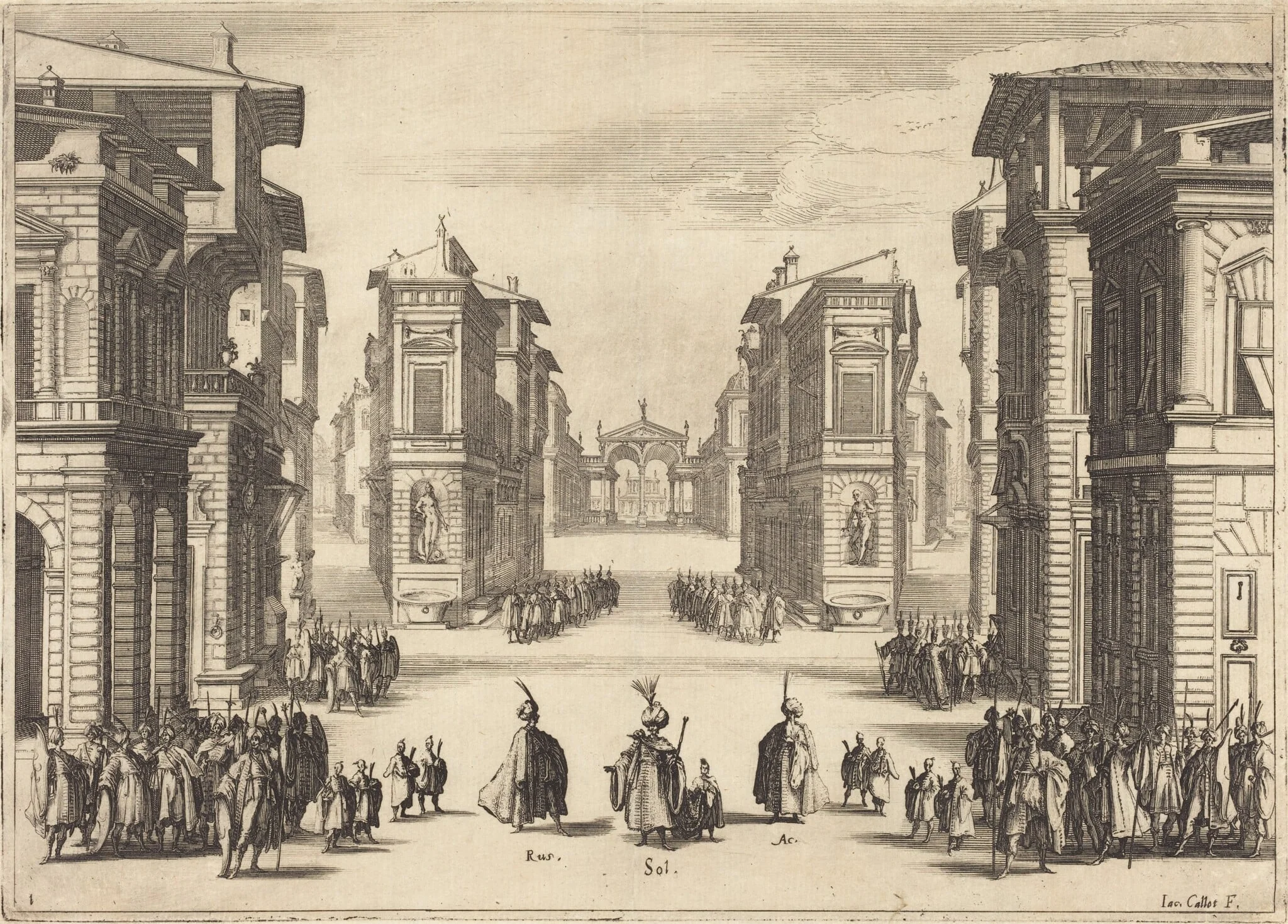 Il Solimano, Act I, by Jacques Callot, ink, 1620