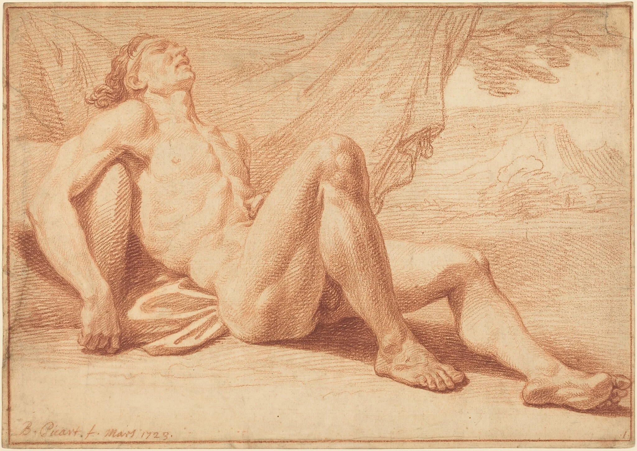 A Reclining Male Nude, by Bernard Picart, chalk, 1723