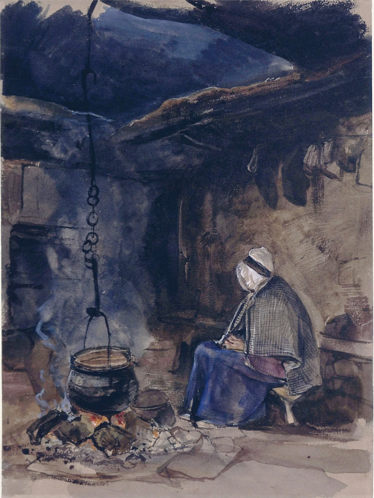 A Cottage Interior: Watching the Pot Boil, by John Frederick Lewis, watercolor, 1832