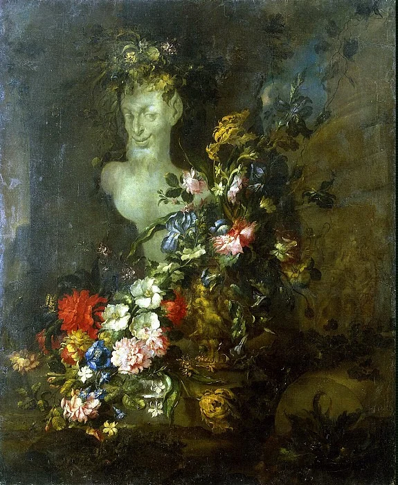 Flowers and the Bust of Pan, by Peirano Genovese, oil, 1700