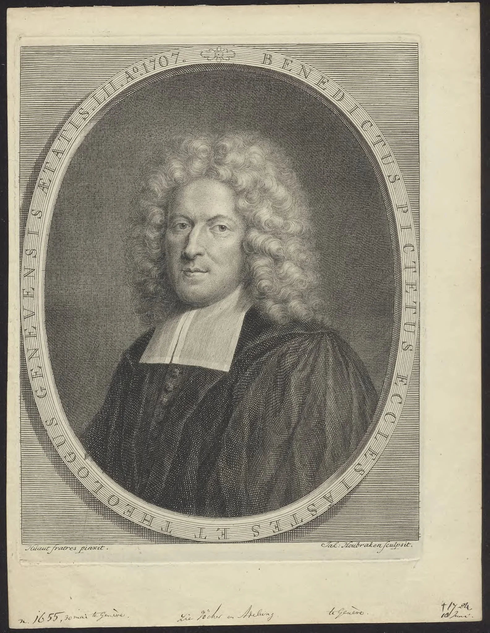Portrait of Benedictus Pictetus, theologian from Geneva, by Jacob, Houbraken, unspecified, 1750