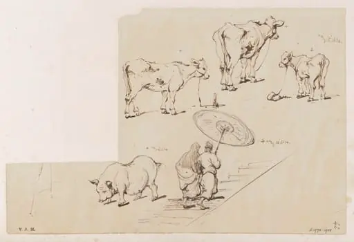 Figures ascending a staircase, a pig, a cow and two calves